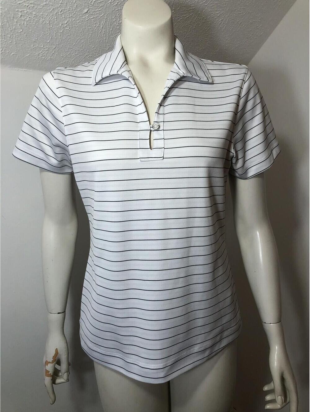 Ben Hogen Womens Small Polo Shirt One Button Placket White Black Pinstripe Golf